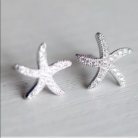 New 925 Silver Cute Starfish Diamond Stud Earrings - Picture 3 of 6